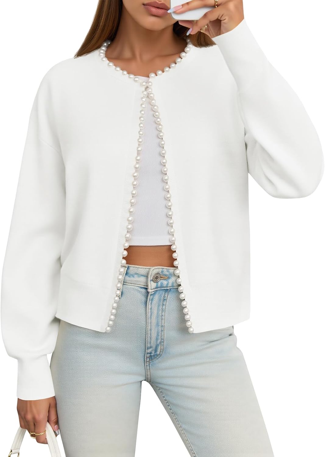 Saodimallsu Womens Fall Open Front Cardigan Sweaters Pearl Long Sleeve Knit Tops Crewneck Dressy Casual Sweater Jacket