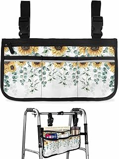 Eucalyptus Leaves Sunflower Wheelchair Side Bag Walker Bag, Farmhouse Spring Botanical Wheelchair Accessories Armrest Pouch, Organizer Storage Bag for Walkers, Rollators, Scooters, 7.3'x13'