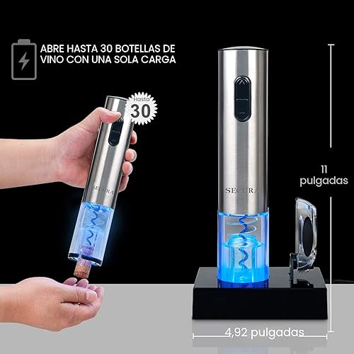 Miniatura 4 de Destapador de vinos eléctrico de acero inoxidable Secura con cortador de cápsula de aluminio, Acero inoxidable