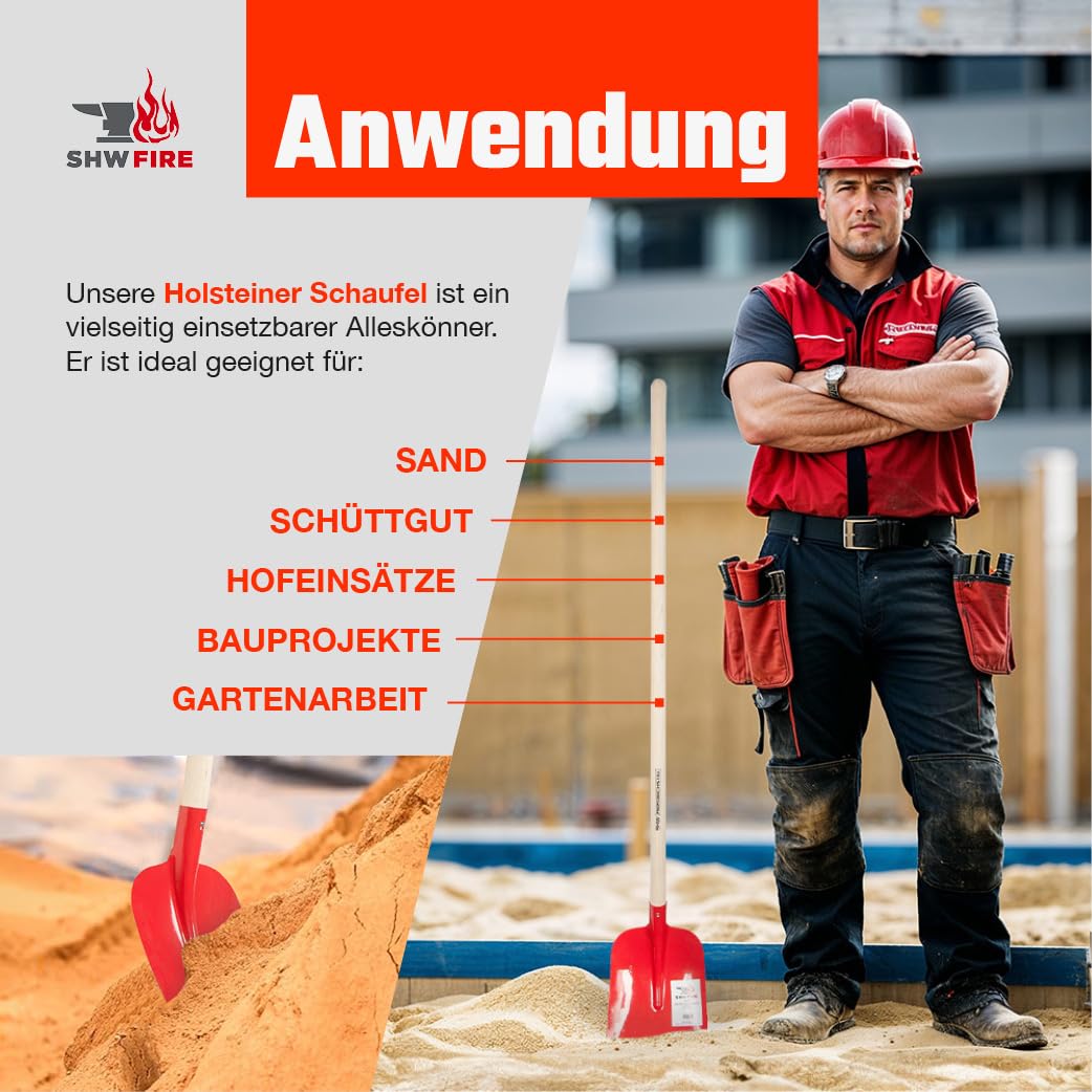 SHW FIRE | Holsteiner Schaufel - gehärteter roter Spezialstahl, gebogenes Schaufelblatt, 128 cm Eschenholzstiel für optimale Kraftübertragung, Profi Schaufel robust und langlebig | Made in Germany