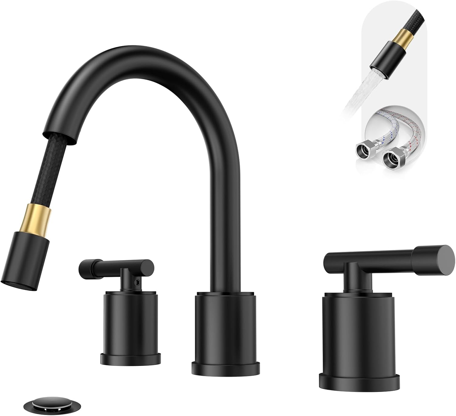 Phiestina 8 Inch 3 Hole Bathroom Faucet Matte Black Pull Down,Widespread with Pull-Out Sprayer, Metal Pop-Up Drain, Water Supply Lines, 2 Handles Three-Hole Bathroom Sink Faucets,WFZY01CL-MB