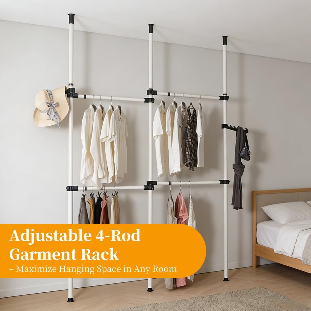 Greensen Adjustable Garment Rack, Telescopic Clothing Storage System with Hooks, DIY Closet Organizer for Living Room, Bedroom