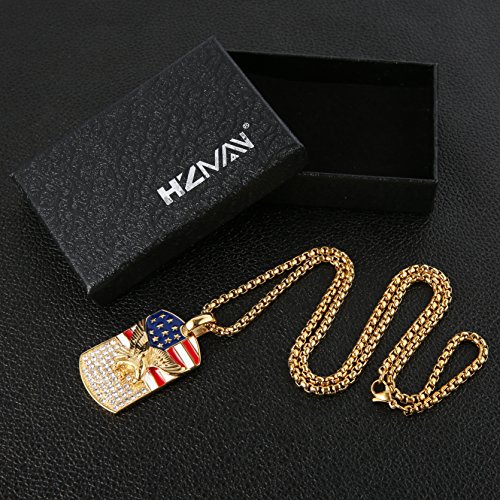 Hzman Men's 18K Gold Plated Stainless Steel 3D Eagle American Flag Dog Tag Cz Pendant Necklace (Dog Tag - B) #TOP5