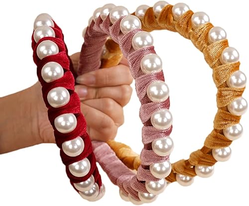 Miniatura 5 de Wiwpar Diademas de perlas de terciopelo para el pelo con perlas, elegante diadema de perlas antideslizantes, accesorios de moda para el cabello para