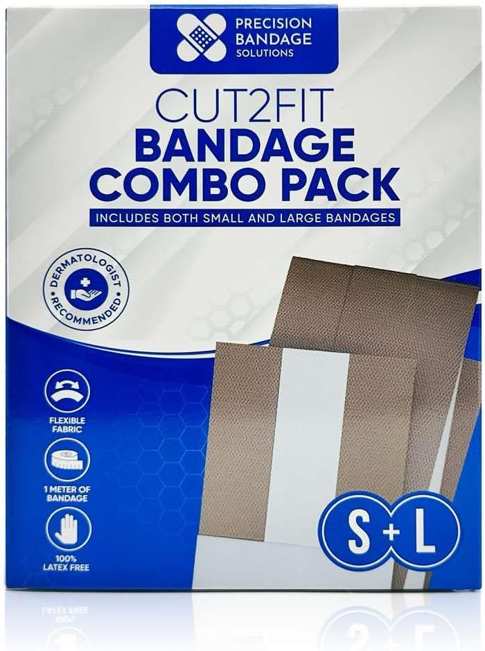 Cut2Fit Adhesive Bandage Combo Pack – Customizable Fabric Bandage Roll (1 Meter Each) – Flexible Wound Dressing with Non-Stick Absorbent Pad – Small & Large Sizes for Home & Travel First Aid