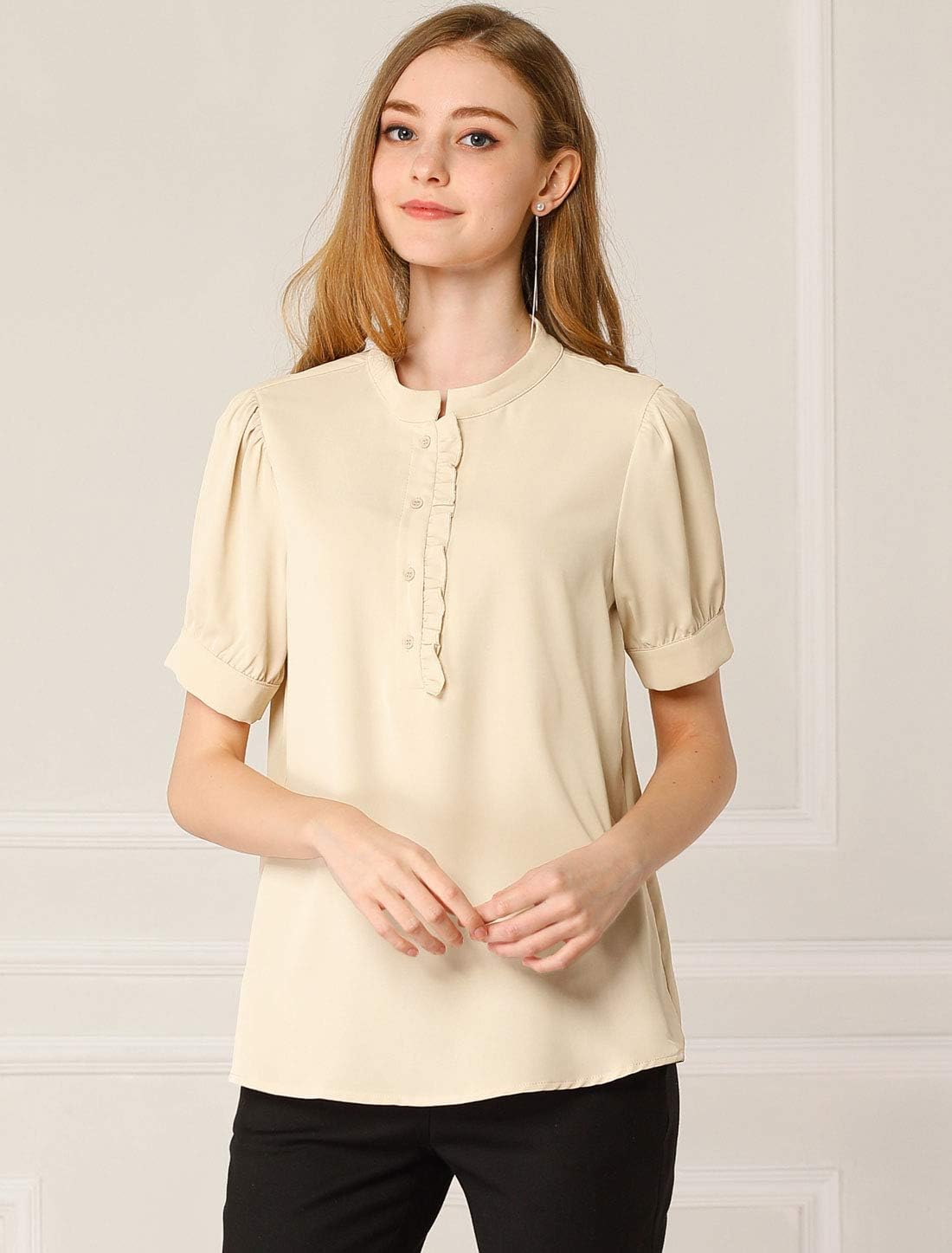 Allegra K Women's Vintage Office Blouse Tops Half Placket Puff Sleeve Ruffled Shirt - Image 2