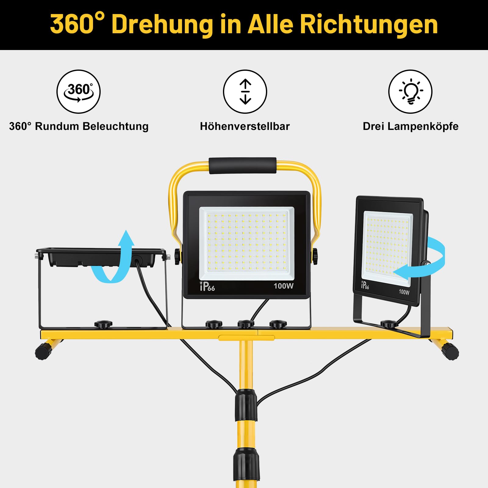 Yofuly 3x 100W LED Baustrahler mit Stativ, 23.000 LM LED Strahler Baustellenlampe, 160cm Höhenverstellbar, IP66 Wasserdicht, 5 M Kabel, LED Flutlicht für Baustelle, Werkstatt, Garage