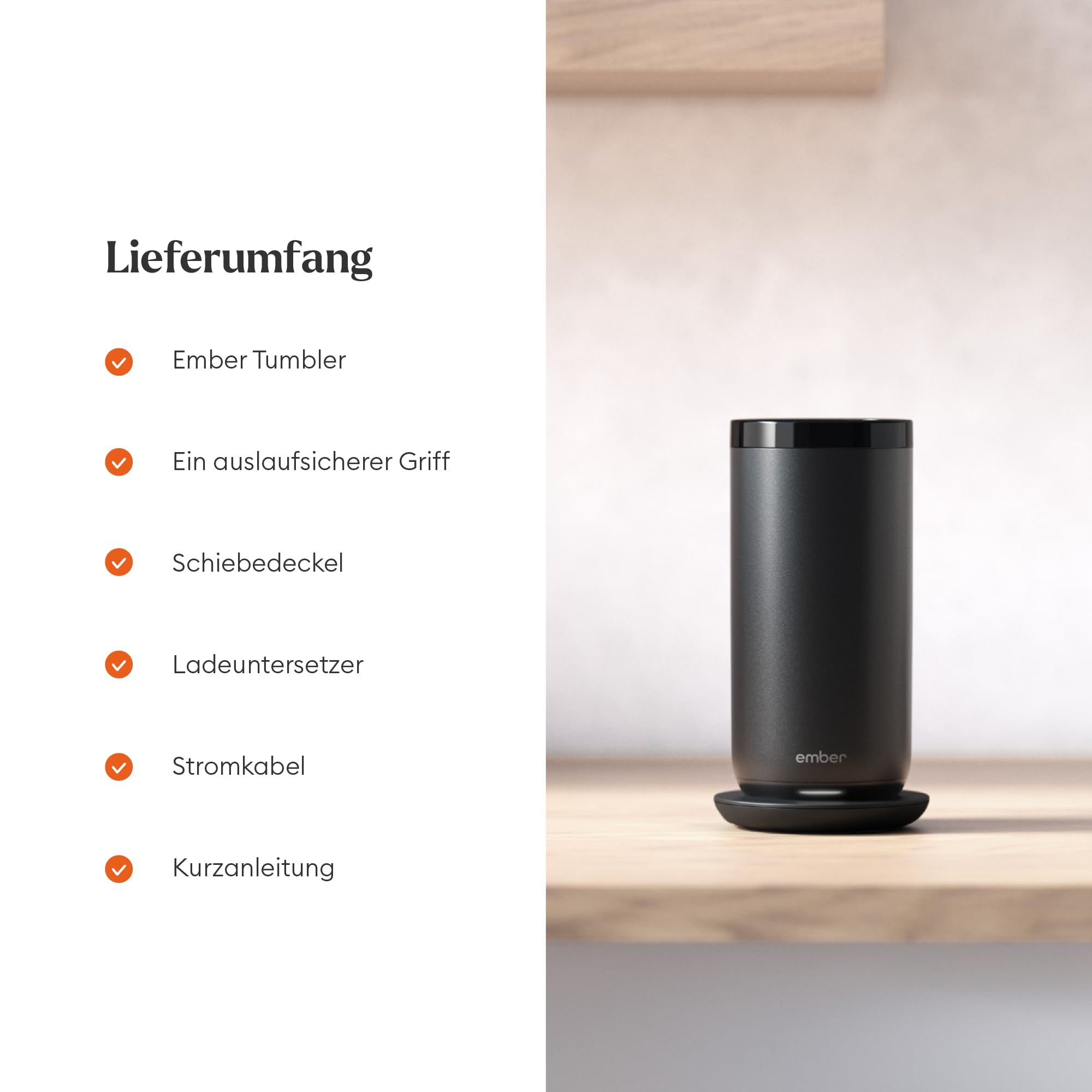Ember Smart Tumbler mit Temperatureinstellung – 473 ml, per App steuerbar, wiederaufladbarer Reisebecher – Edelstahl-Thermoskanne mit auslaufsicheren Deckeln – 3-Stunden-Akku, Schwarz