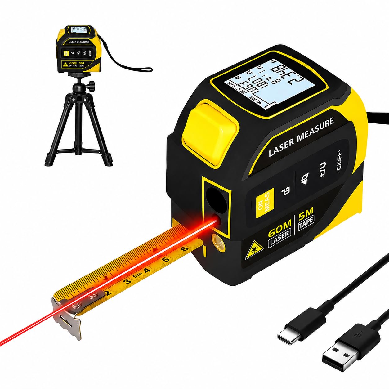 Cinta Métrica Láser 4 en 1, Medidor Laser Distancia 60m y Cinta Métrica 5m