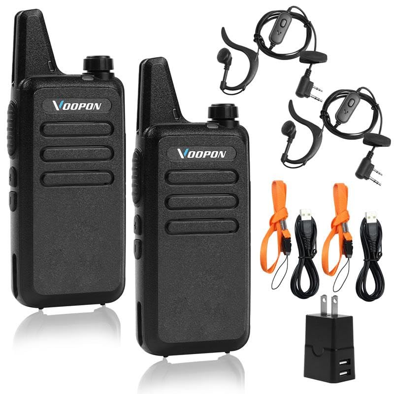 Voopon Rechargeable Walkie Talkies for Adults 22 FRS Channels Two-Way Radios with Earpieces Long Range VOX Mini Transceivers for Business Company USB Charger for Camping Hiking Church Shop (2 Pack)