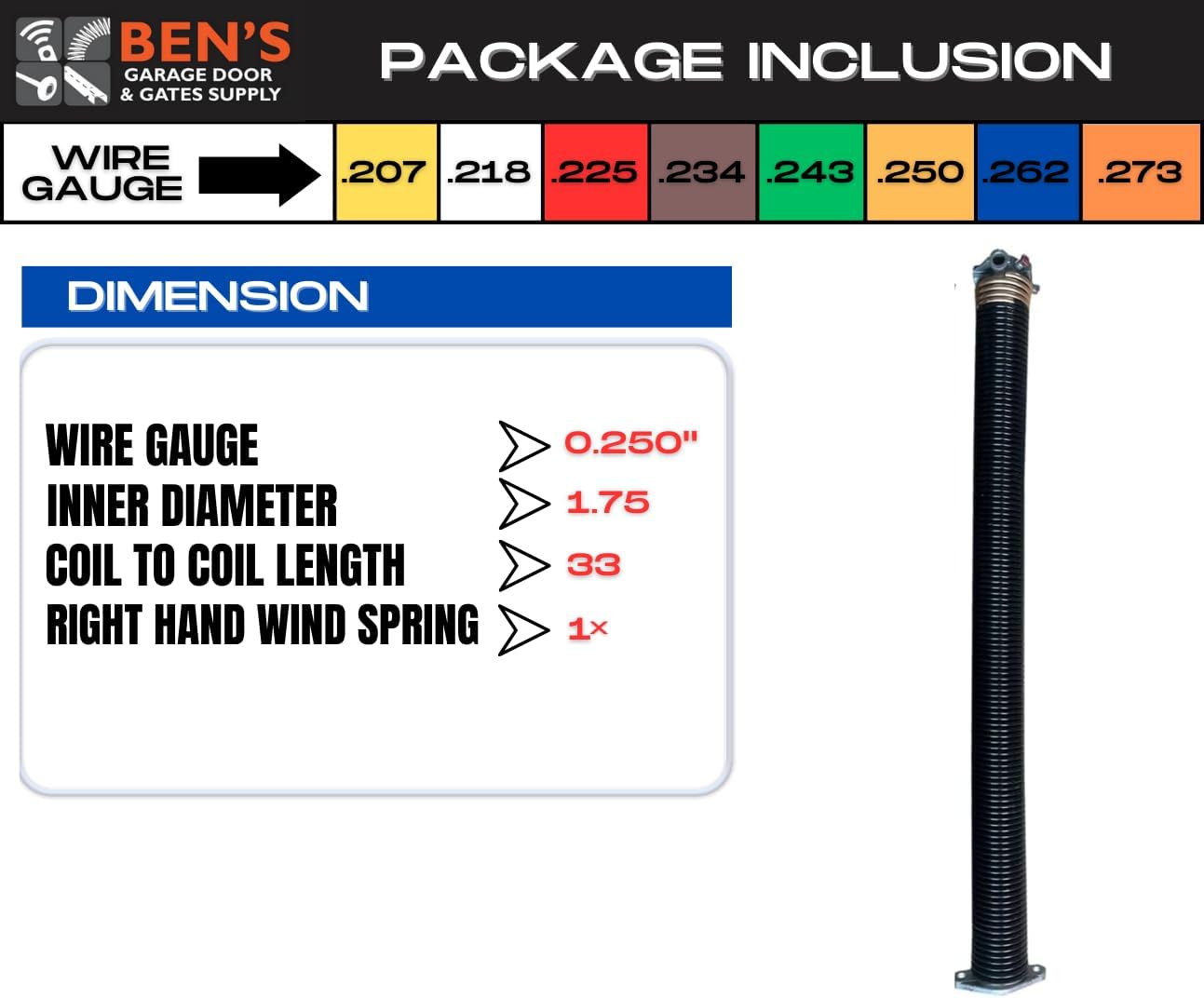 Garage Door Torsion Springs .250 x 1.75" x 33" (Right Wound) (Cone Color: Red)