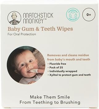 Matchstick Monkey Baby Gum & Teeth Wipes, Gently Remove Milk Sugars & Residue, On-the-go Oral Hygiene, Flouride-Free, Prevent Plaque Buildup, 0 Months +, Pack of 25