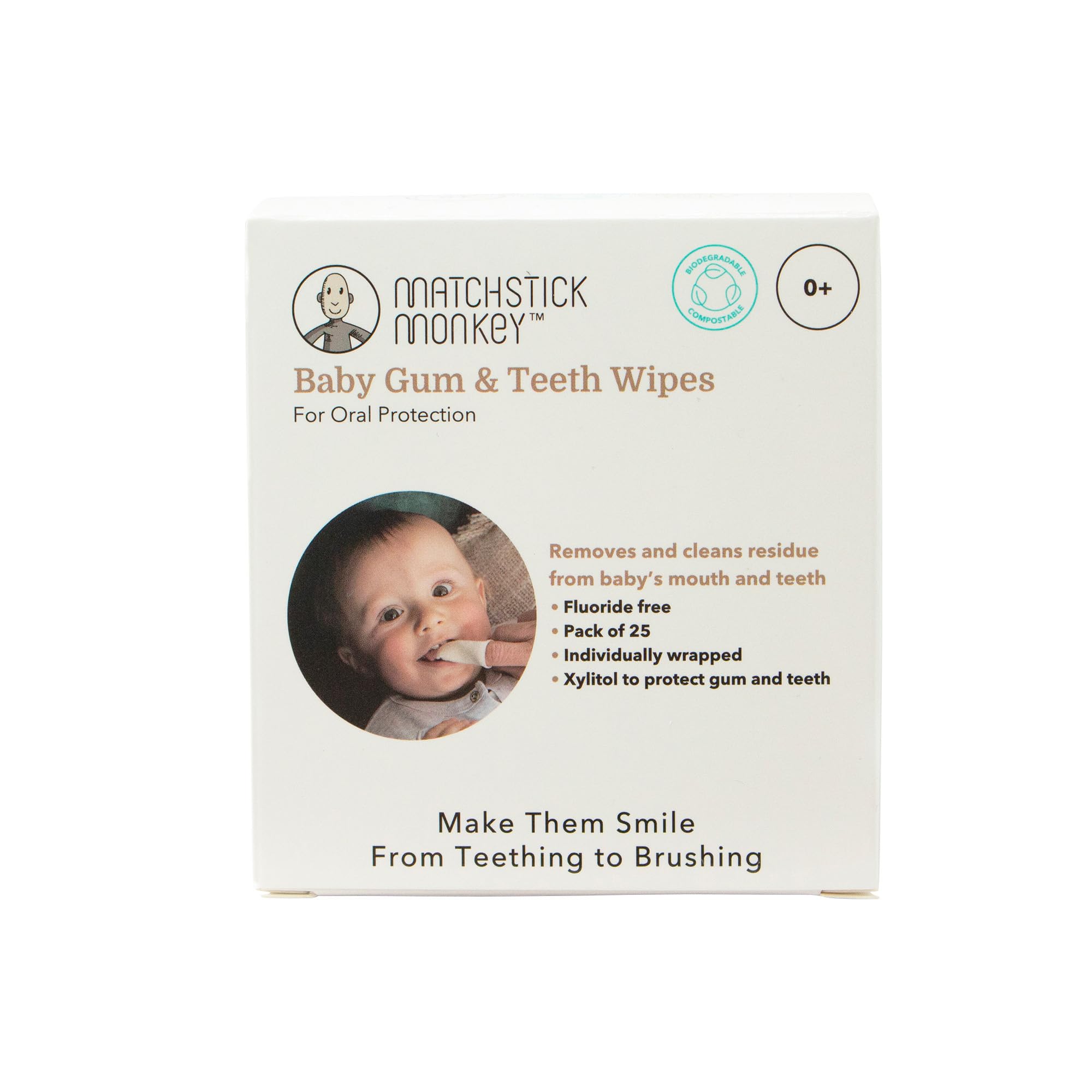 Matchstick Monkey Baby Gum & Teeth Wipes, Gently Remove Milk Sugars & Residue, On-the-go Oral Hygiene, Flouride-Free, Prevent Plaque Buildup, 0 Months +, Pack of 25