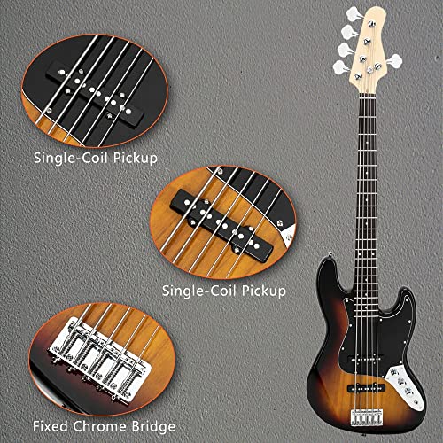 Ktaxon Electric Bass Guitar, 5 String Full Size Jazz Bass Guitars Beginner Kit with Gig Bag, Shoulder Strap, Cable Accessories for Starter, Kids & Adults (Brown Sunburst) - Image 4