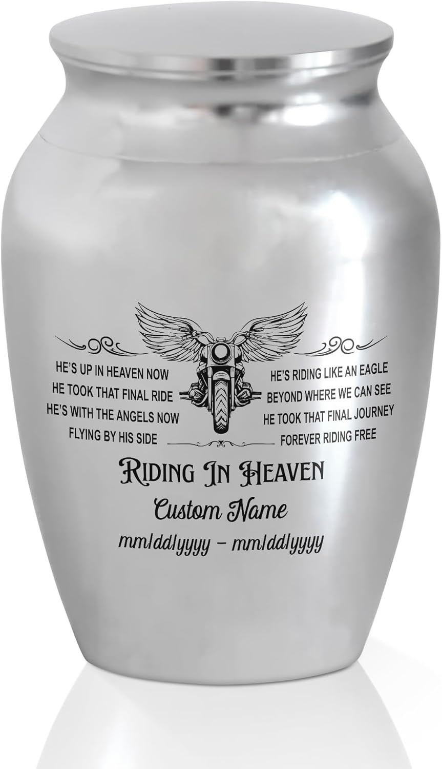 Artsy Woodsy Personalized Riding in Heaven Mini Urns Stainless Steel, Decorative Keepsake Urn Engraved with Motorcycle Design 2.56 inch, Memorial Urn for Adult Male Dad Human Ashes (01, 2.56x1.77, 01)