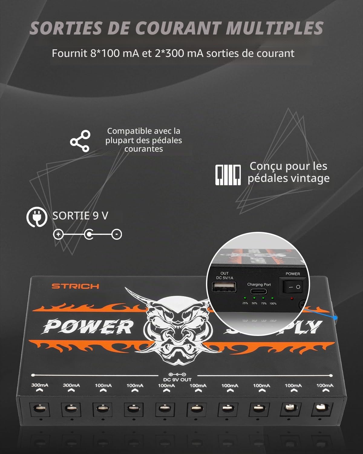 STRICH SPS-40B Bloc d'alimentation à pédale avec Prise intégrée 10 000 mAh 10 Sorties DC 9 V (2 x 300 mA, 8 x 100 mA) pour pédales de Guitare Basse, Batterie Rechargeable, Port USB 5 V/1 A