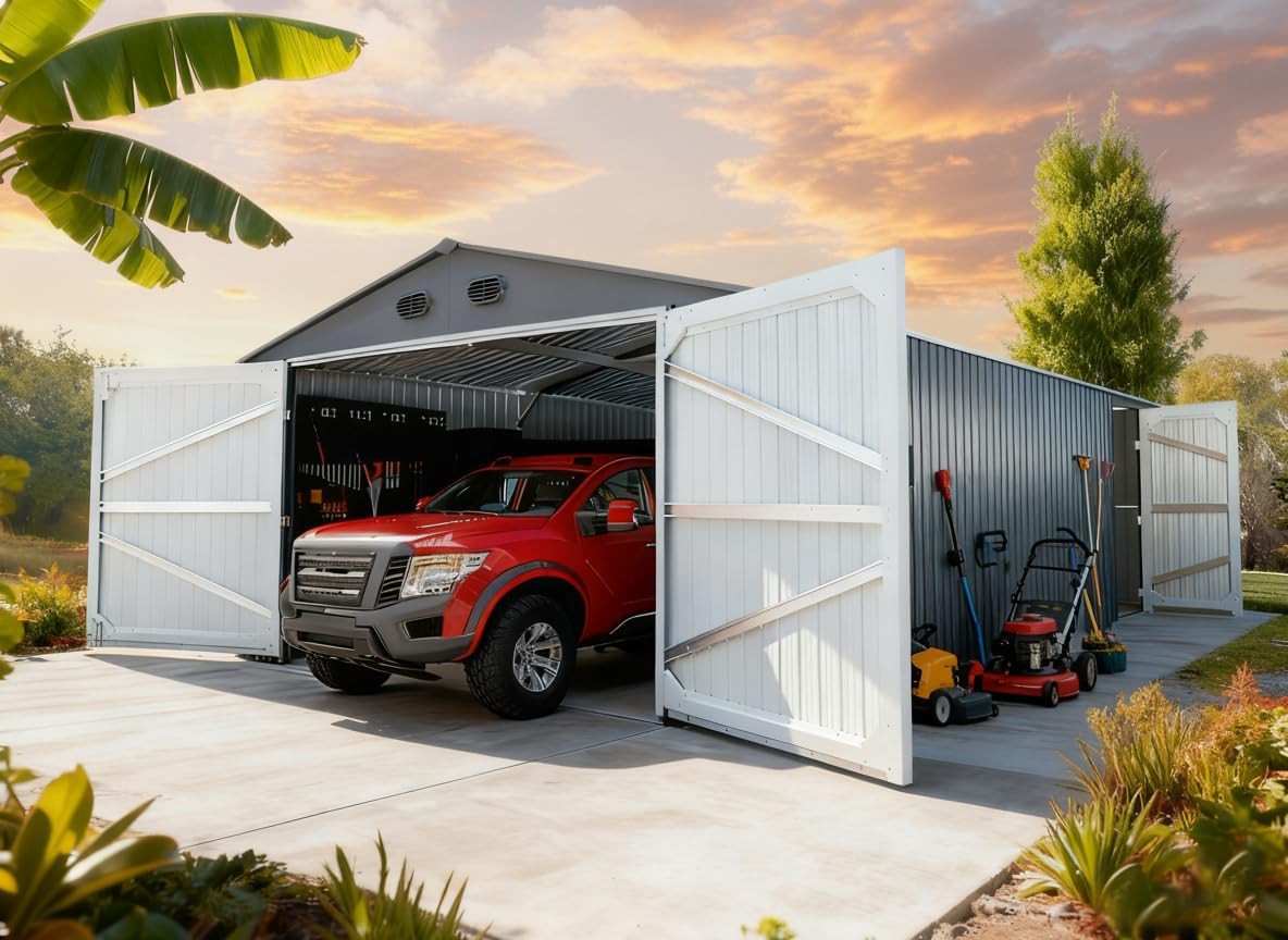 20x13 Metal Shed, Metal Garage Building with 2 Lockable Doors, Prefab Garage Shed with 4 Air Vents, Large Sheds & Outdoor Storage Clearance, Car Sheds for Truck, Tool, Lawnmower, Dark Gray