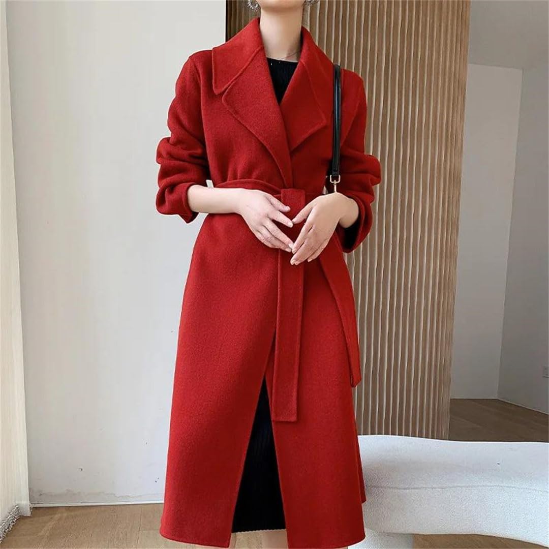 Abrigo largo de lana reversible de lana para mujer, abrigo largo de invierno con bolsillos y cinturón