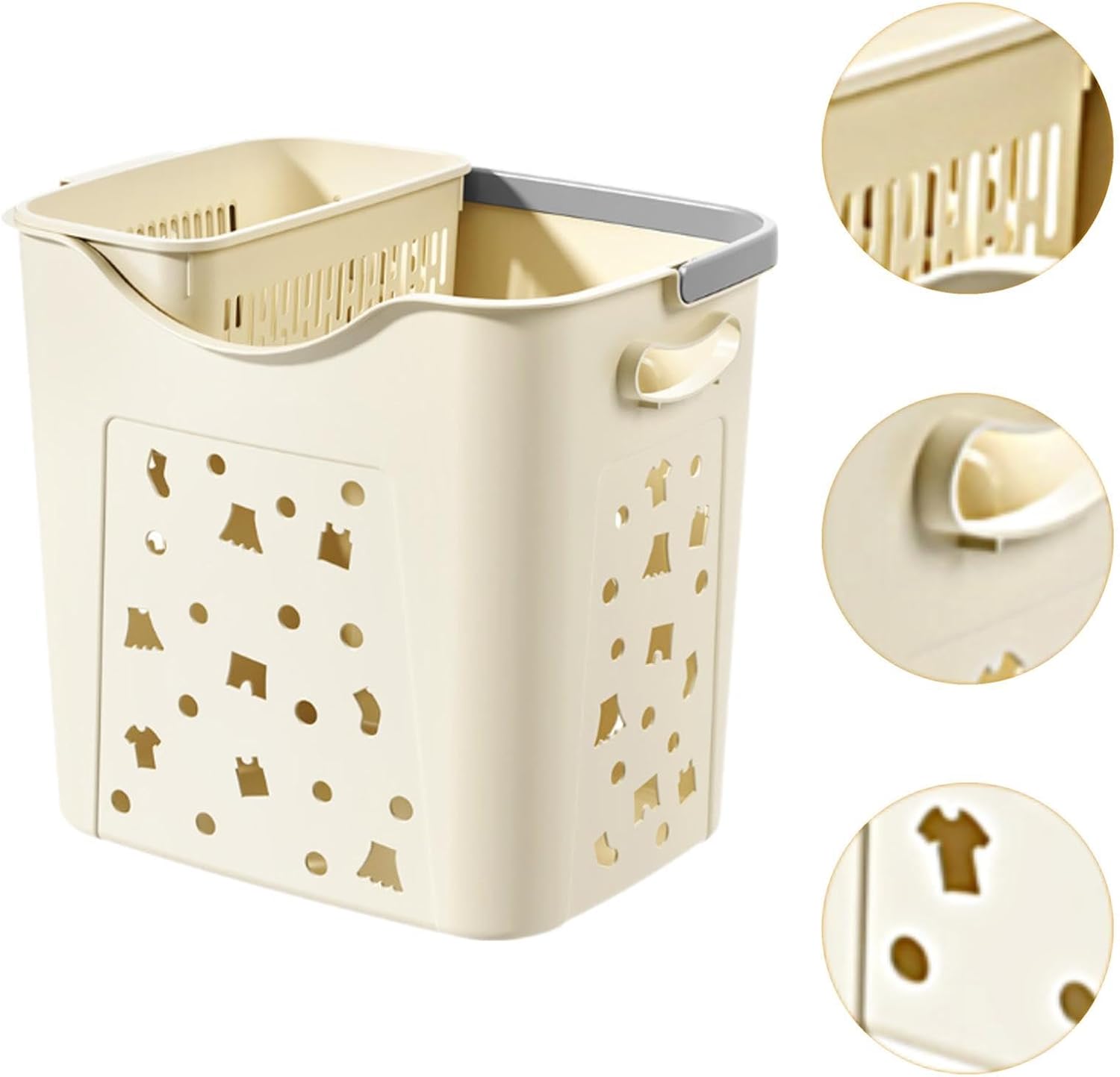 Generic Laundry Basket with Handle & Side Container,Space Saving Hamper,Large Dirty Clothes Storage Basket for Closet, Dorm, Laundry Room, Bedroom,Nestable, Ventilation Hole, 37cmx29cmx35cm, White