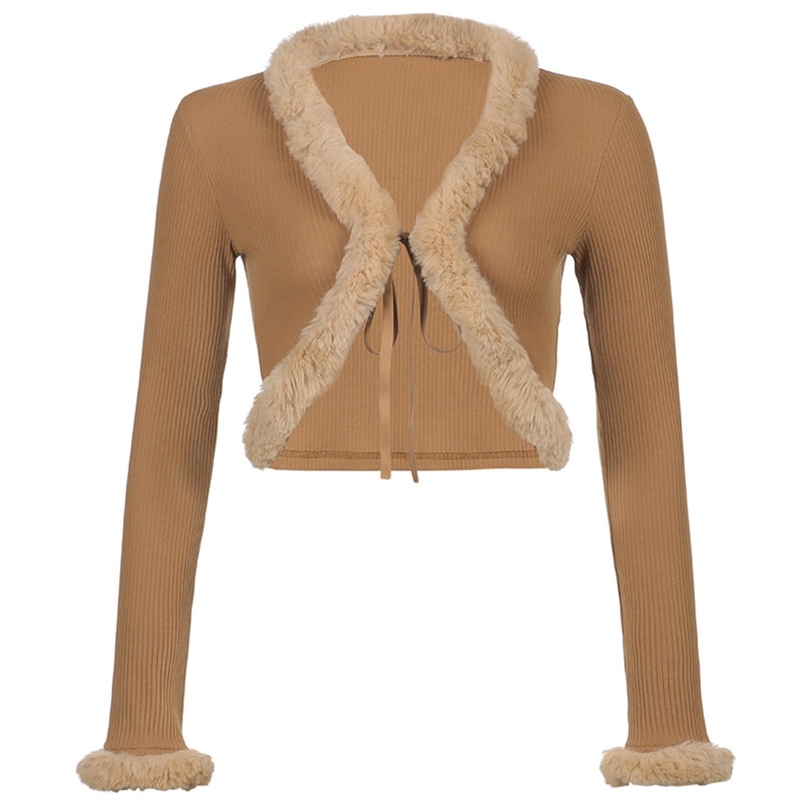 Womens Sexy Feather Trim Blouse Tops Long Sleeve Tie-up Cardigan Faux Fur Crop Top Fashion Knitted Sweaters