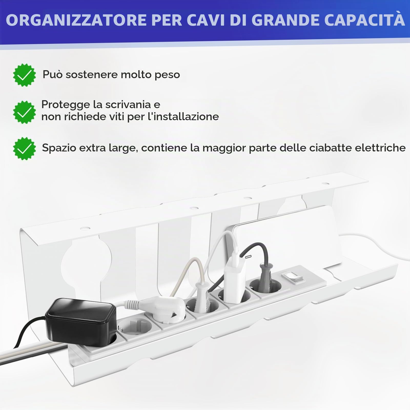 Lannvan Set da 2 Canalina Passacavi - Nascondi Cavi per la Gestione di Cavi e Prese - 43cm Portacavi Sotto Scrivania - No Fori da Trapano - Bianco