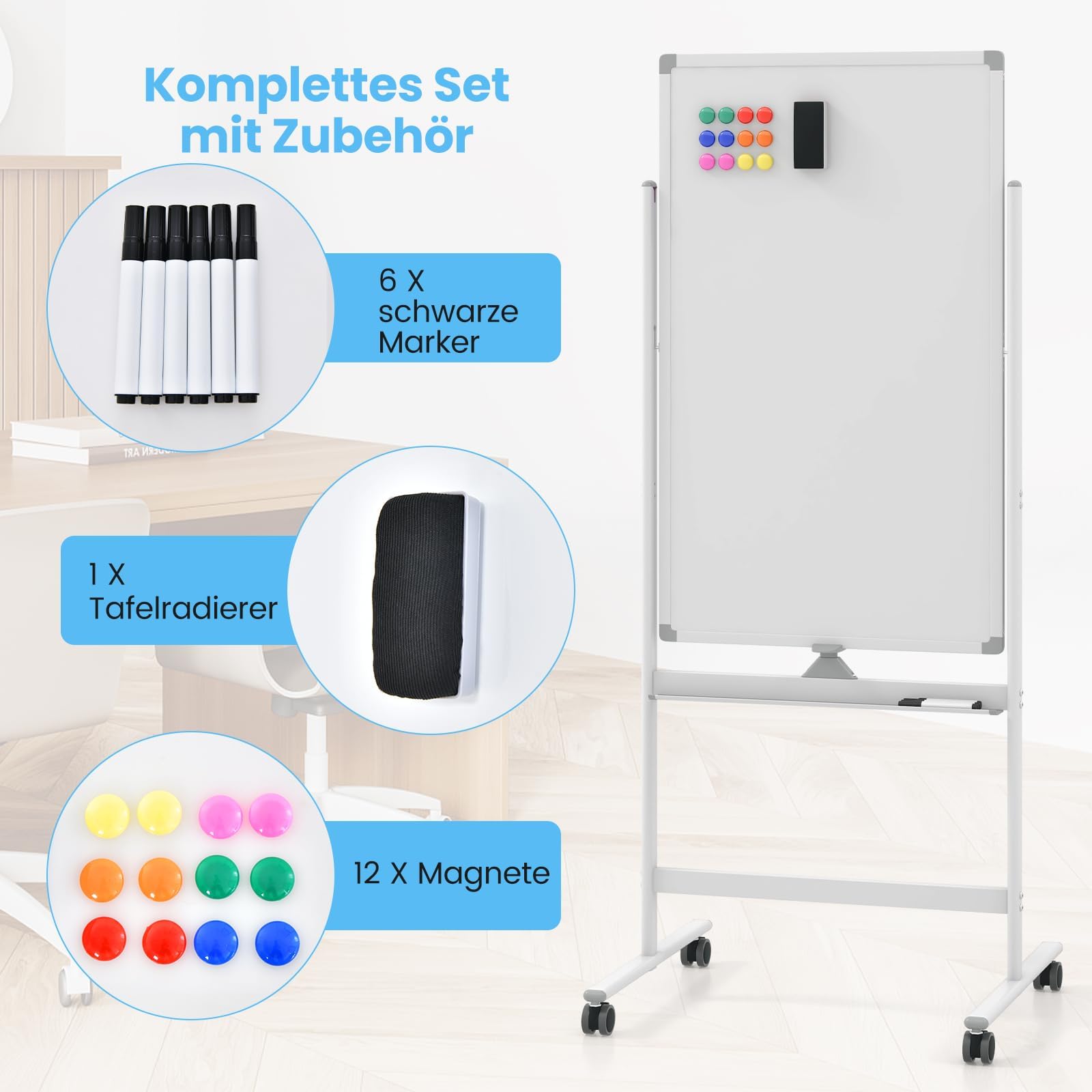 FANTASK Doppelseitiges mobiles Whiteboard, 60 x 100 cm, höhenverstellbares magnetisches Whiteboard mit Rollen, Ständer und Stiftablage, inkl. Zubehör für Schule, Büro, Zuhause (Weiß)