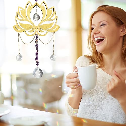 Miniatura 4 de Prisma de cristal con bola de cristal transparente de loto dorado, amatista natural, atrapador de sol, fabricante de arco iris, cristales colgantes,