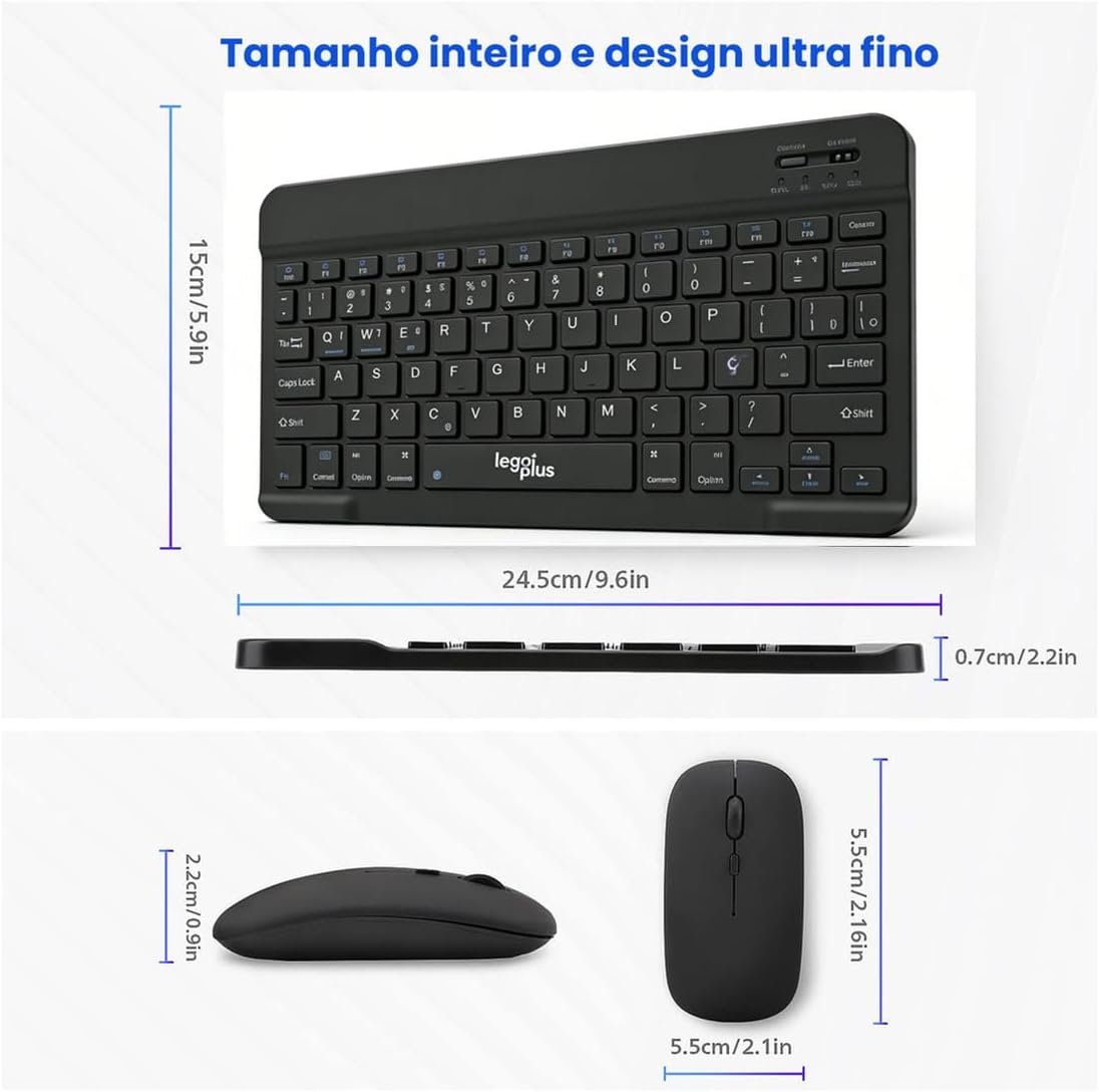 Detailed dimensions of the wireless keyboard and mouse. Keyboard: 24.5cm (9.6in) length, 15cm (5.9in) width, 0.7cm (2.2in) thickness. Mouse: 5.5cm (2.16in) length, 2.2cm (0.9in) height.