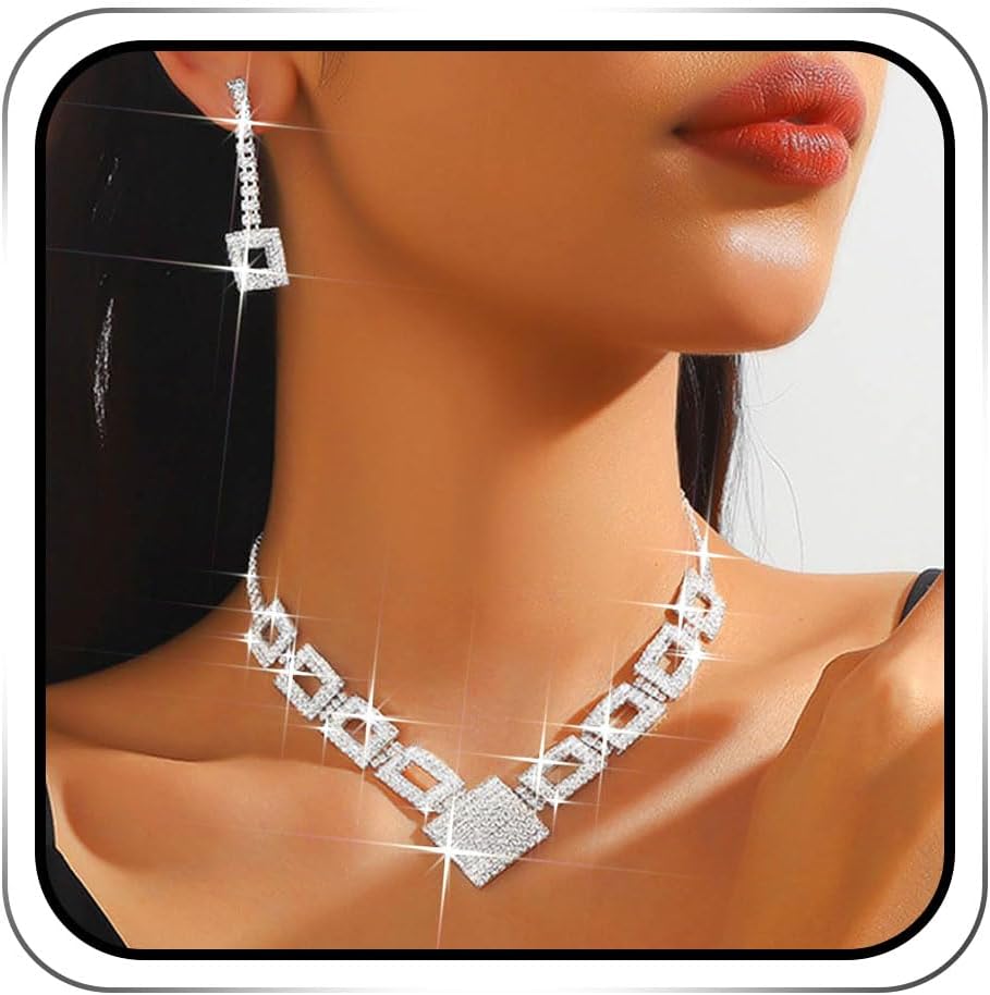 JEWEKY Bridal Jewelry Set Wedding Silver Rhinestone Necklace Earrings Sets Formal Costume Jewelry for Women