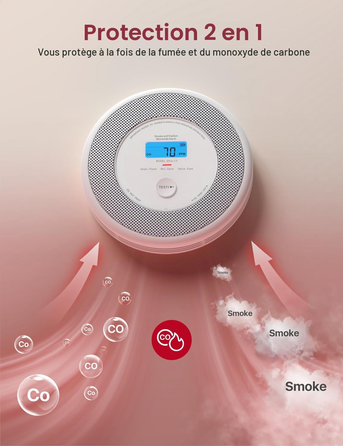 Détecteur de fumée et de monoxyde de carbone Wi-Fi X-Sense pour la maison avec alertes vocales en anglais, alarme vocale sans fil interconnectée nécessite une station de base SBS50, XP0A-MR, 1-Pack