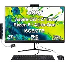 Acer Aspire C27 All-in-One Desktop, 27" IPS FHD, Ryzen 5 7430U | 16GB DDR5, 2TB PCIe SSD, Wired Keyboard and Mouse, Wi-Fi 6E, Bluetooth 5.3, Webcam, Windows 11 Home /w USB Hub