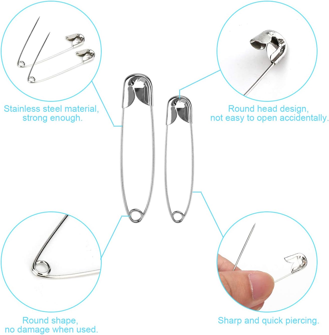 BetyBedy Safety Pins Assorted Sizes, 350PCS Safety Pins Set for Sewing Craft Cloth, Durable Safety Pins with 7 Sizes 19mm - 54mm for Home, Office Use, DIY, Art, Jewelry Making with Storage Box