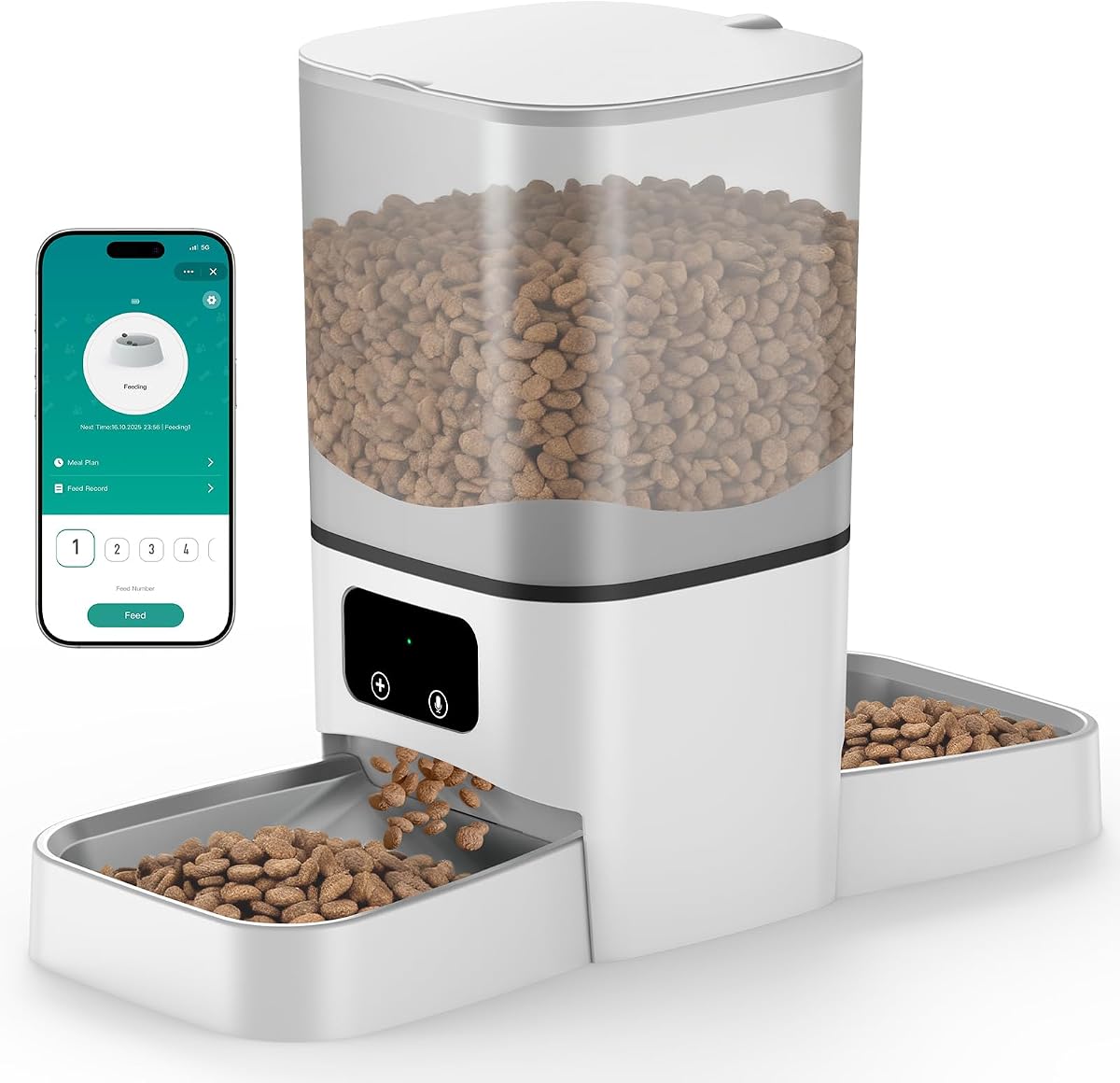 Comedero Automático para Gatos de 6L para 2 Gatos, Control de Aplicaciones, Control Preciso de Porciones | Dispensador de Alimentos Secos Temporizado con 2 Cuencos de Acero Inoxidable, Conexión WIFI 2.4G, Doble Fuente de Alimentación, Grabadora de Voz 10s