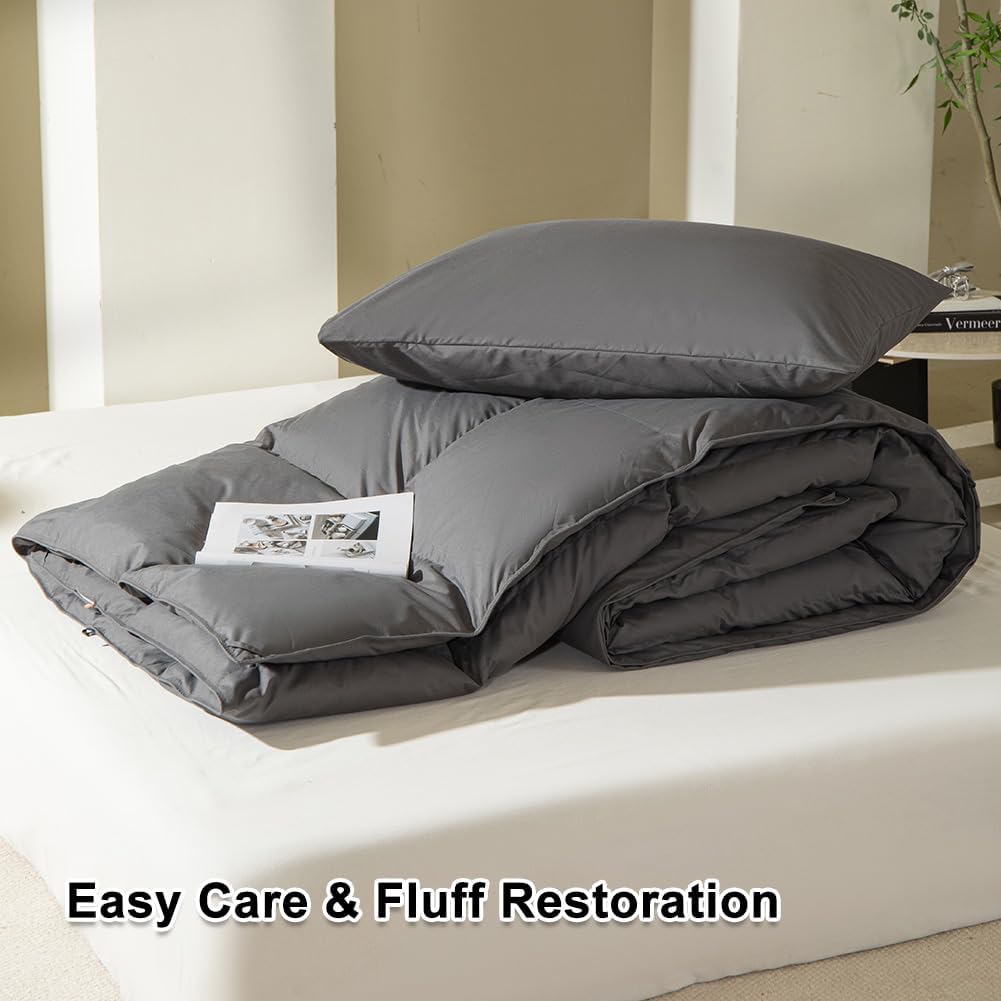 Goose Feather Down Fiber Comforter Queen Size, All Season Medium Warmth, Gray Waterproof Duvet Insert, Hotel Collection Hypoallergenic Bedding, 90"x90"