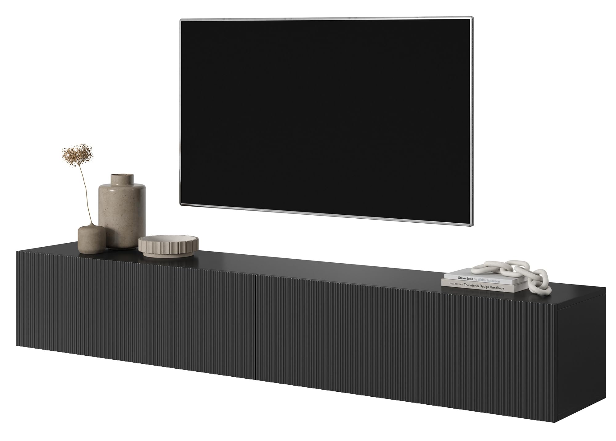 Meuble TV Suspendu Telire 138,6 Cm Noir Et Chêne - Armoire Avec Portes à Lamelles - Design Moderne
