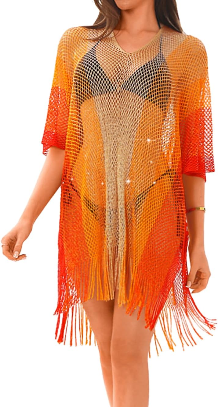 Kaei&Shi Sexy Sheer Gradient Swimsuit Coverup,Crochet Color Block Beach Dress,Fringe Bathing Suit Vacation Outfits for Women