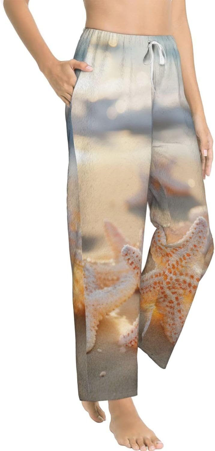 Beach Starfish Print Fashion Cozy Womens Flannel Pajama Pants,Perfect For Christmas And Everyday Wear