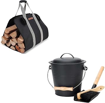 Mini Ash Bucket with Lid and Indoor Heavy Firewood Log Carrier Tote