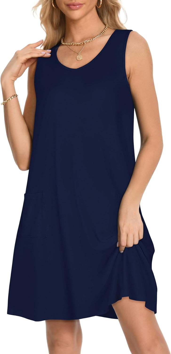 elescat Womens Summer Dresses Casual V Neck Sleeveless Pockets Beach Loose Tank Sundress - Image 5