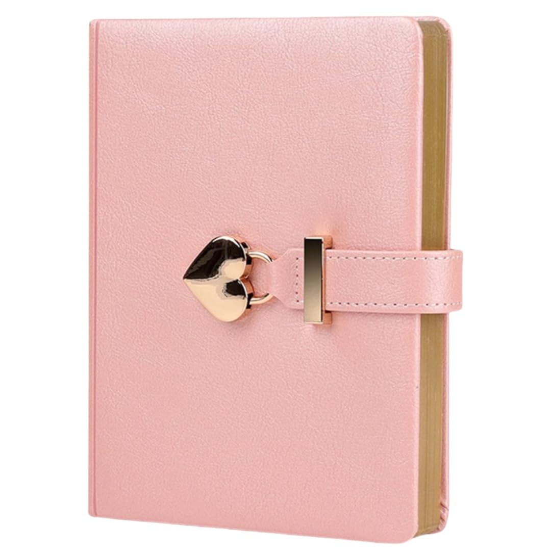 B6 Heart Shaped Combination Lock Diary with Key PU Leather Journal Diary with Lock and Key Journal Notebook with Lock Locking Journal Diary Notebook for Girls Boys Men Women, Pink