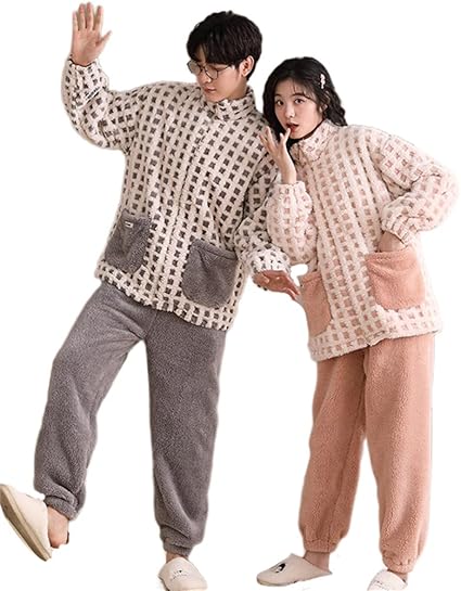 Amazon ジュタオピン ペアパジャマ 冬 ルームウェア 暖かい プレゼント 大きいサイズ パジャマ ペアルック パジャマ メンズ もこもこ ルームウェア レディース モコモコ 部屋着 裏起毛 カップル お揃い パジャマ 冬用 ペア 寝巻き カジュアル 前開き チェック ルーム