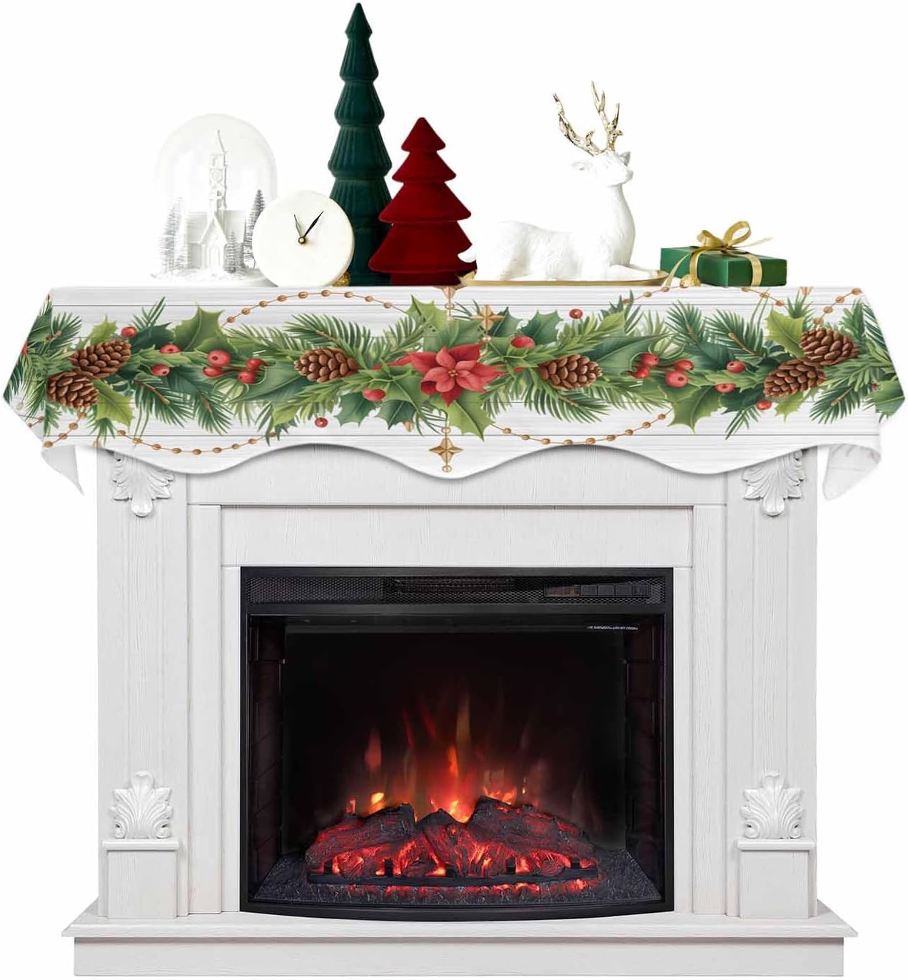 Christmas Pine Fireplace Mantel Scarf Cover, Mantel Shelf Top Scarf Runner for Christmas Halloween Thanksgiving Fall Indoor Decorations Farmhouse Wood Red Flower 90'' L x 17'' W