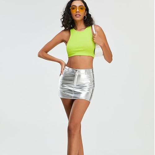 Miniatura 5 de Kisidoo Faldas metálicas brillantes Y2K de cintura baja brillante Rave Bodycon Mini faldas cargo con bolsillo