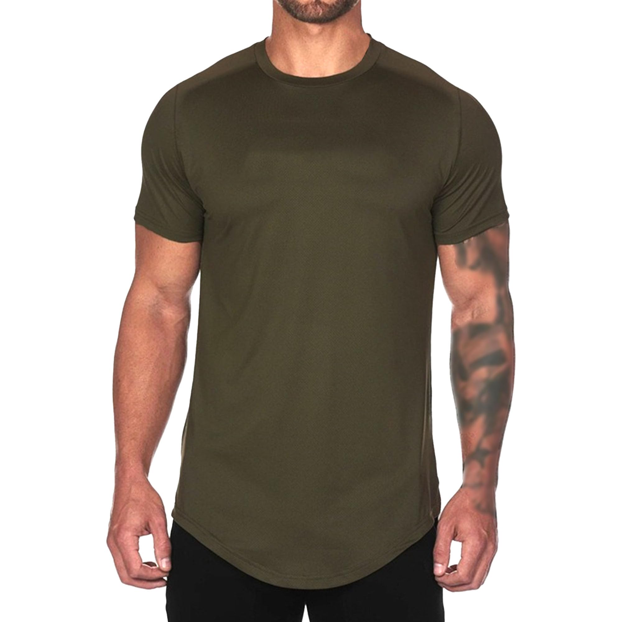 Men Quick Dry Arc Hem Sport Shirts Classic Comfy Jogging Fitness T Shirt Summer Loose Breathable Stretch Pullover (Navy Green,XX-Large)