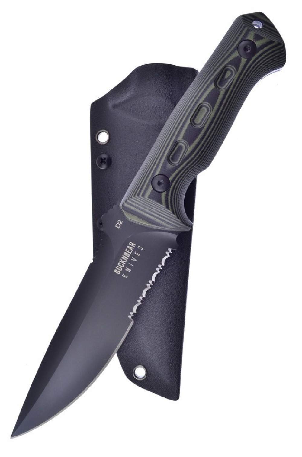 BucknBear Custom Handmade D2 Tactical Fixed Blade Serrated Hunting Survival Knife (Textured G10 Handle)