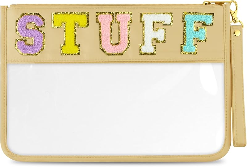 Necessaire de maquiagem Morcheiong M7001mcmza03 em PVC e nylon com zíper, alça e letras de chenille, bege-stuff