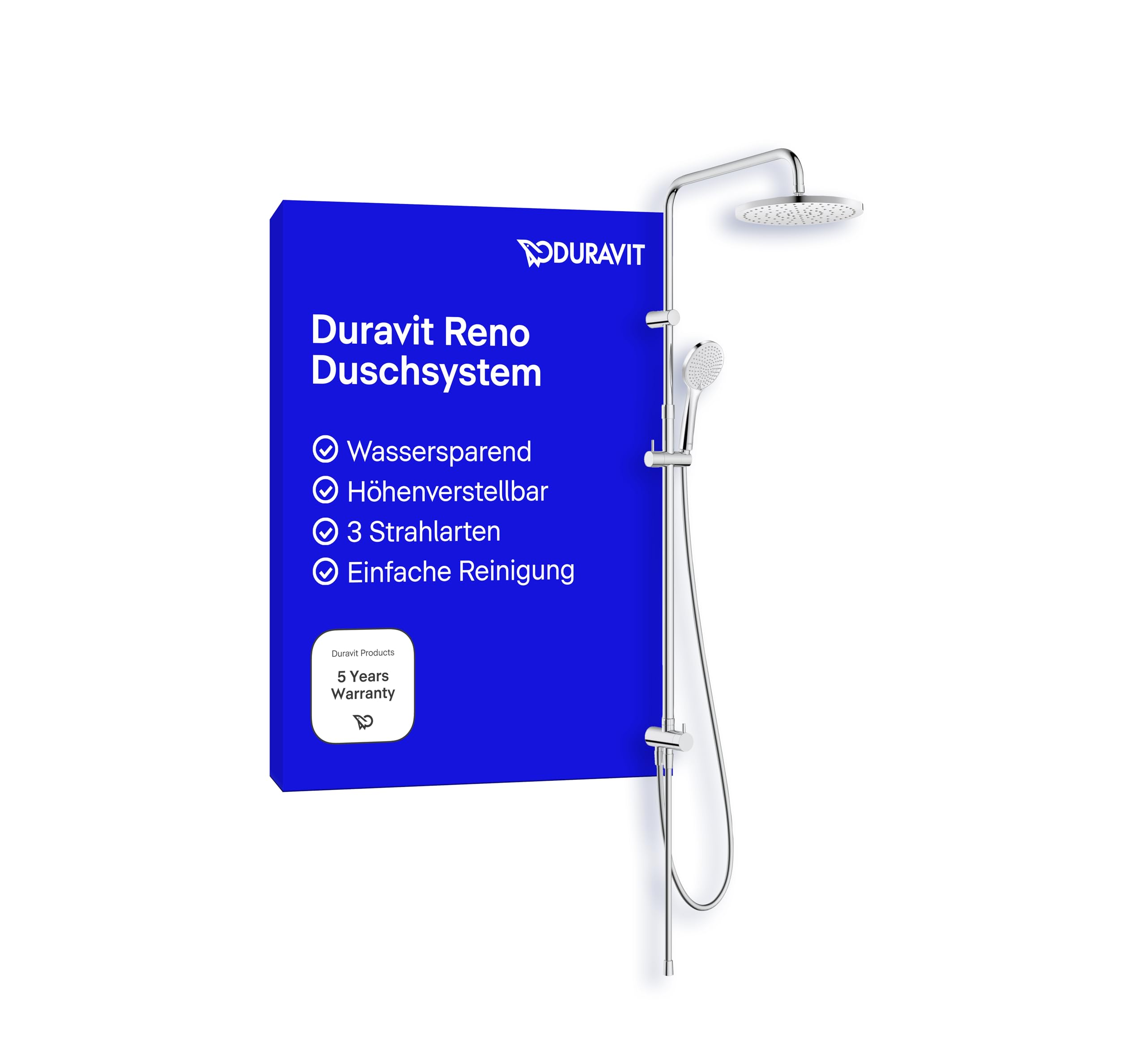 Duravit Reno Duschsystem, wassersparende Regendusche Ø 25 cm mit Umsteller, Duschset ohne Armatur, Handbrause mit Schlauch und 3 Strahlarten, ideal für Renovierungen, Chrom