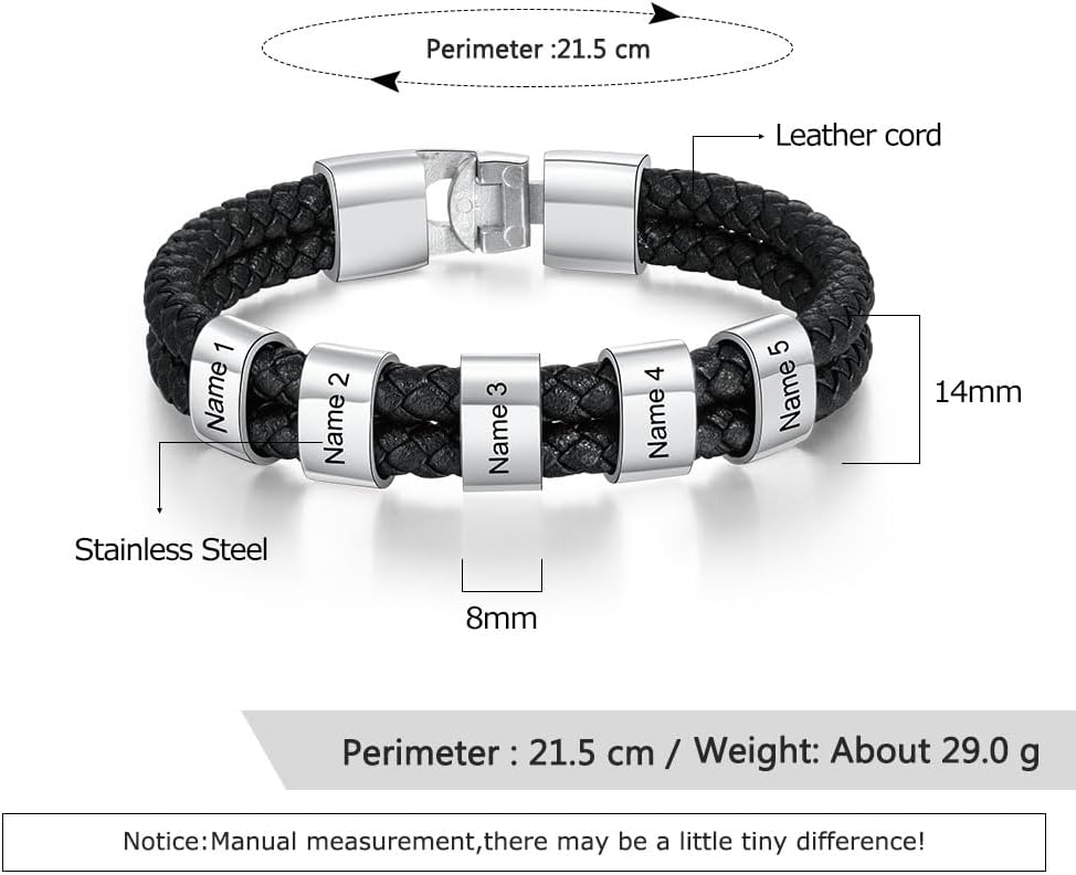 Personalized Fathers Bracelet with Names Custom Name Engraved Mens Braided Leather Bracelets for Men Christmas Birthday Gifts for Dad Husband Grandpa Boyfriend