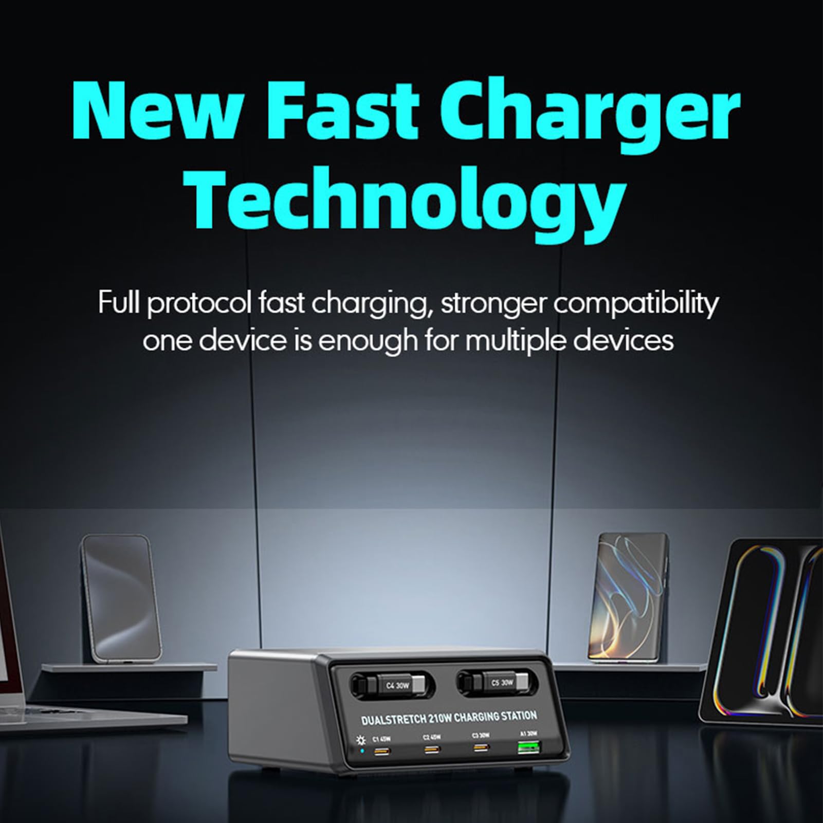 Fockety Tisch-Ladestation, 210W-Ladegerät mit 6 USB C-Anschlüssen und Zwei einziehbaren PD-Kabeln, PD-Ladegerät mit 45W und 30W für das Homeoffice, Gaming-Schreibtischzubehör (EU-Stecker)