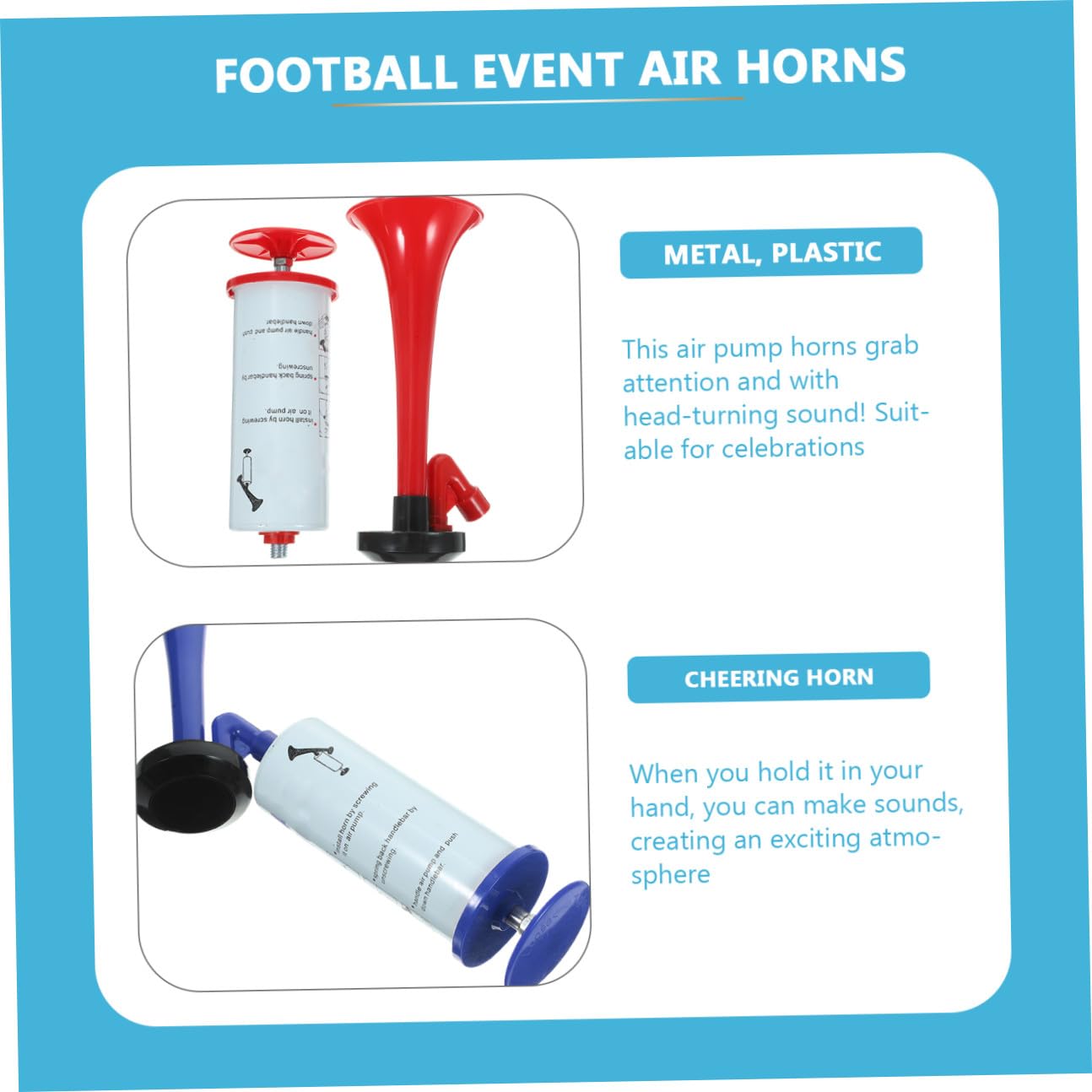 ORFOFE 2 Stück Handliches Air Horn Fan horn für Fußballfans Lautes Hand push Tröte Rote und Blaue Fanfare für Sportveranstaltungen Partys Jubel und Feierlichkeiten